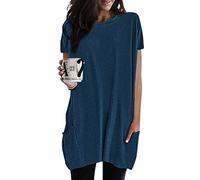 Longshirt Damen Kurzarm mit Tasche Oversized Tshirt Lang Damen Longtops T-Shirt Damen Sommer Oberteile Einfarbig Rundhals Longbluse Lässig für Leggings Pullover T-Shirts Frauen Tunika Tops