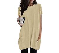 Longshirt Damen Kurzarm mit Tasche Oversized Tshirt Lang Damen Longtops T-Shirt Damen Sommer Oberteile Einfarbig Rundhals Longbluse Lässig für Leggings Pullover T-Shirts Frauen Tunika Tops