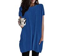 Longshirt Damen Kurzarm mit Tasche - Oversized Tshirt Lang Damen LongtopsT-Shirt Sommer Oberteile Einfarbig Rundhals Longbluse Lässig für Leggings Pullover T-Shirts Frauen Tunika Tops