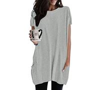Longshirt Damen Kurzarm mit Tasche - Oversized Tshirt Lang Damen LongtopsT-Shirt Sommer Oberteile Einfarbig Rundhals Longbluse Lässig für Leggings Pullover T-Shirts Frauen Tunika Tops