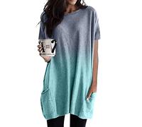 Longshirt Damen Kurzarm mit Tasche - Tshirt Damen Oversize,Longtops Damen Lang Sommer T Shirt Oberteile Tunika Große Größen Rundhals Locker Lässig T-Shirt Kurzarmshirt Longbluse Longpullover Tops