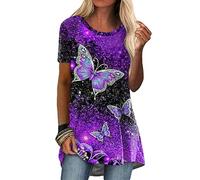 Longshirt Damen Kurzarm Rundhals Locker Tunika Tops Elegant Longbluse Oberteile Mode Bunte Schmetterling Blumen Drucken Farbverlauf Lange Bluse Baumwoll Tee Long Shirt Lässig Für Leggings Oversize