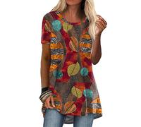 Longshirt Damen Kurzarm Rundhals Locker Tunika Tops Elegant Longbluse Oberteile Mode Bunte Schmetterling Blumen Drucken Farbverlauf Lange Bluse Baumwoll Tee Long Shirt Lässig Für Leggings Oversize
