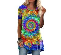 Longshirt Damen Kurzarm Rundhals Locker Tunika Tops Elegant Longbluse Oberteile Mode Bunte Schmetterling Blumen Drucken Farbverlauf Lange Bluse Baumwoll Tee Long Shirt Lässig Für Leggings Oversize