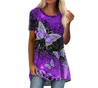 Longshirt Damen Kurzarm Sommer Drucken Tunika Oversize Lange Oberteile Große Größen Longbluse Longpullover Tshirt Casual Basic Lose Elegant Pullover Bluse Sweatshirt Bedruckte T Shirt Tops