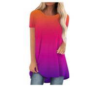Longshirt Damen Lang Shirt Rundhals Kurzarm Oversize Tshirt Tunika Gradient Basic Shirt Long Bluse Tops Italienische Mode Kurzarmshirt Longbluse Damen Lässig Blusen Tuniken