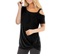 Longshirt Damen Oberteile Schulterfrei Tshirt Kurzarm Shirt Bluse Tunika Shoulder Damen T-Shirt Kurzarm Bluse Elegant Top Casual Sommer Oberteil Rundhals mit Twist Knoten Tops V-Ausschnitt Casual