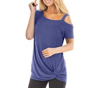Longshirt Damen Oberteile Schulterfrei Tshirt Kurzarm Shirt Bluse Tunika Shoulder Damen T-Shirt Kurzarm Bluse Elegant Top Casual Sommer Oberteil Rundhals mit Twist Knoten Tops V-Ausschnitt Casual