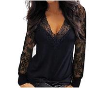 Longshirt Damen Oberteile Tshirt Langarm Shirt Bluse Tunika Tops Damen Mode Casual Lace Mesh Stitching V-Ausschnitt Reißverschluss Langarm (L,2Schwarz)