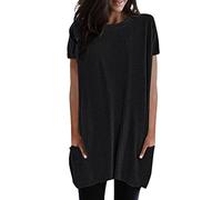 Longshirt Damen Oversize Shirt Kurzarm Lang Shirt Lässig Tops Rundhals Kurzarm Oberteil Einfarbig T-Shirt Tunika Loose Casual Kurzarmshirt mit Tasche Elegant Pullover Sweatshirt