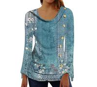 Longshirt Damen Ragwear Damen Tshirt Damen V Ausschnitt Drucken Wasserfallausschnitt Button Down Falten T-Shirt Rundhals TrompetenäRmel Lange äRmel Oberteile Mit Taste Bluse Damen Langarm (Blue, 3xl)