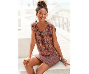 Longshirt LASCANA, Damen, Gr. 40/42, bunt (bedruckt), Jersey, Obermaterial: 95% Viskose, 5% Elasthan, bedruckt, ethno, figurumspielend kurz, Rundhals, Shirts Longshirt, mit Ethnoprint, Kurzarmshirt, S