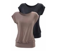 Longshirt LASCANA "mit breitem Bund", Damen, Gr. 32/34, grau (taupe, schwarz), Obermaterial: 95% Viskose (LENZING™ ECOVERO™), 5% Elasthan, unifarben, bequem lang, Rundhals, Shirts Longshirt, aus lufti