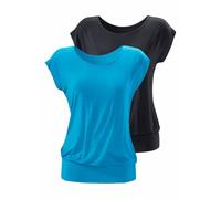 Longshirt LASCANA "mit breitem Bund", Damen, Gr. 52/54, blau (türkis, schwarz), Obermaterial: 95% Viskose (LENZING™ ECOVERO™), 5% Elasthan, unifarben, bequem lang, Rundhals, Shirts Longshirt, aus weic