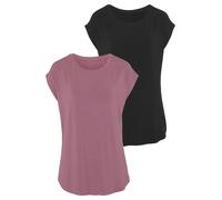 Longshirt LASCANA "mit stark gerundetem Saum", Damen, Gr. 32/34, lila (beere, schwarz), Single Jersey, Obermaterial: 95% Viskose (LENZING™ ECOVERO™), 5% Elasthan, unifarben, Basic, figurumspielend Po-