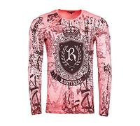 Longshirt Rusty Neal Herren Langarm Shirt Longsleeve Oil Wash Verwaschen Stretch Plakativer Front Print, Farbe:Koralle 142, Größe:L