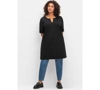 Longshirt SHEEGO "Longshirt", Damen, Gr. 48/50, schwarz, 100% Baumwolle, unifarben, V-Ausschnitt, Kurzarm, Shirts (48218515-48) schwarz