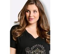 Longshirt SHEEGO "Kurzarm-Shirt", Damen, Gr. 52/54, schwarz (schwarz, sesam, bedruckt), 95% Viskose, 5% Elasthan, geblümt, gemustert, V-Ausschnitt, Shirts Longshirt (71474400-52) schwarz, sesam, bedru