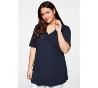 Longshirt in A-Linie mit Raffung am V-Ausschnitt, marine, Gr.48/50