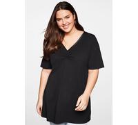 Longshirt SHEEGO "Große Größen", Damen, Gr. 48/50, schwarz, Obermaterial: 95% Baumwolle, 5% Elasthan, unifarben, feminin, figurumspielend lang, V-Ausschnitt, Kurzarm, Shirts, mit Raffung (11706047-48)