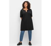 Longshirt SHEEGO "Longshirt", Damen, Gr. 52/54, schwarz, 100% Baumwolle, unifarben, V-Ausschnitt, Shirts Longshirt (48218515-52) schwarz