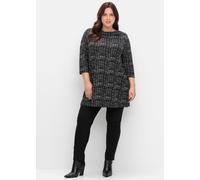 Longshirt SHEEGO "Longshirt", Damen, Gr. 52/54, schwarz-weiß (schwarz, weiß), 95% Viskose, 5% Elasthan, gemustert, Wasserfallausschnitt, Shirts Longshirt (39199229-52) schwarz, weiß