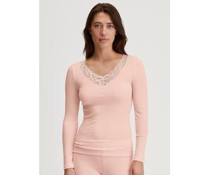 Longsleeve CALIDA "Silky Wool Joy", Damen, Gr. S (40/42), rosa (pearl blush), Obermaterial: 70% Schurwolle, 30% Seide, figurbetont, V-Ausschnitt, Shirts, zarte Spitzen-Details, wärmend, weich, leichte