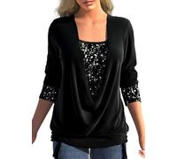 Longsleeve Damen,Langarm-T-Shirts Für Damen Modisch Schwarz Gespleißte Pailletten Pullover Mit Wasserfallausschnitt Tunika-Oberteile Elegant Locker Gerüschter Saum T-Shirts Basic-T-Shirts Blusen