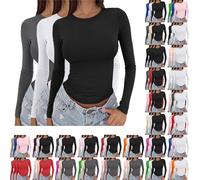 Longsleeve Damen schwarz,Pack of 3 Basic Long Sleeve Shirt Women's Y2K Top Slim Fit Tight Black White Crew Neck Undershirt Elegant Sexy Tops Cropped Casual Going Out Athletic Top Teenager Streetwear