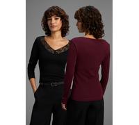 Longsleeve LAURA SCOTT, Damen, Gr. 32/34, rot (schwarz, bordeaux), Rippware, Obermaterial: 100% Baumwolle. Spitze: 95% Polyester, 5% Elasthan, unifarben, körpernah hüftbedeckend, V-Ausschnitt, Shirts,