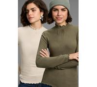 Longsleeve LAURA SCOTT, Damen, Gr. 44/46, grün (sand, oliv), Rippware, Obermaterial: 95% Viskose, 5% Elasthan, clean, unifarben, Basic, figurbetont hüftbedeckend, Shirts, gerippt mit Rüschen (41366515