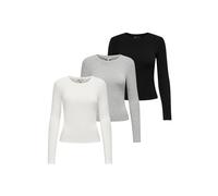 Longsleeve ONLY "Longsleeve ONLRILEY O-NECK TOP 3P 3er Pack", Damen, Gr. M, bunt (schwarz, ecru, grau), Obermaterial: 96% Baumwolle CO. 4% Elasthan EL., Shirts (48610568-M) schwarz, ecru, grau