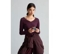 Langarmshirt MARC O'POLO DENIM "aus Loose Knit Jersey", Damen, Gr. XXS, lila (mahagony jam), Obermaterial: 100% Baumwolle, unifarben, Basic, slim fit, V-Ausschnitt, normaler Saum, Shirts Langarmshirt