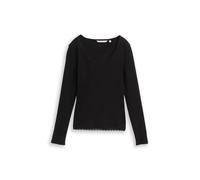Langarmshirt TOM TAILOR DENIM, Damen, Gr. M, schwarz (deep schwarz), Web, Obermaterial: 93% Baumwolle, 7% Elasthan, unifarben, normal hüftbedeckend, tiefer Rundhals, abgesteppte Kante, Shirts Langarms