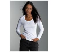 Longsleeve TRIGEMA "TRIGEMA Langarmshirt mit Kristallsteinen", Damen, Gr. M, weiß, Feinstrick, 95% Baumwolle, 5% Elastan, Basic, lang, ohne Ausschnitt, Shirts (774031-M) weiß