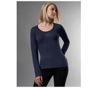 Longsleeve TRIGEMA "TRIGEMA Langarmshirt mit Kristallsteinen", Damen, Gr. S, blau (navy), Feinstrick, 95% Baumwolle, 5% Elastan, Basic, lang, ohne Ausschnitt, Shirts (377401-S) navy