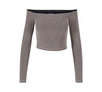 Longsleeve URBAN CLASSICS "Urban Classics Damen Ladies Off Shoulder Glitter Longsleeve", Damen, Gr. 5XL, braun (gold), 96% Polyester, 4% Elasthan, unifarben, skinny fit, Carmenausschnitt, Shirts (1629