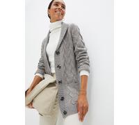 Longstrickjacke BONPRIX, Damen, Gr. 52/54 (XXL), grau meliert, Strick, Obermaterial: 100% Polyacryl, Zopfmuster, gemustert, unifarben, loose fit ca. Mitte Oberschenkel, V-Ausschnitt, Strickbündchen, S