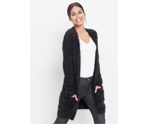 Longstrickjacke BONPRIX "Longstrickjacke in Flauschoptik", Damen, Gr. 32/34 (XS), schwarz, Obermaterial: 70% Polyamid, 30% Polyacryl, loose fit, Strickjacken Longstrickjacke, lockere Passform, mit fla