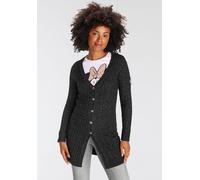 Longstrickjacke KANGAROOS, Damen, Gr. 32/34, schwarz (anthrazit melange), Strick, Obermaterial: 50% Baumwolle, 50% Polyacryl, Zopfmuster, meliert, figurbetont Po-bedeckend, V-Ausschnitt, Rippbündchen,