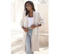 Longstrickjacke LASCANA, Damen, Gr. 44/46, beige (creme, beige), Strick, Obermaterial: 50% Polyamid, 30% Viskose, 20% Polyester, gemustert, modisch, figurumspielend kniebedeckend, ohne Ausschnitt, Lan