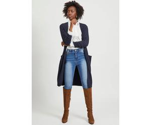 Longstrickjacke VILA "VIRIL LONG L/S KNIT CARDIGAN - NOOS", Damen, Gr. XS, blau (dunkelblau), Feinstrick, Obermaterial: 50% Viskose, 27% Nylon, 23% Polyester, meliert, lässig geschnitten knielang, V-A