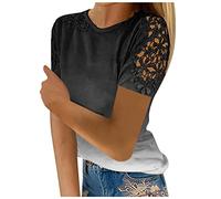 Longtop Mit Spitze T Shirt Damen Kurzarm Elegante Blusen Elegant Frauen Gradient Aufdruck Shirts Rundhals Cutout Kurzarm Basic T-Shirts Casual Locker Sommer Oberteile Damen (Schwarz, S)