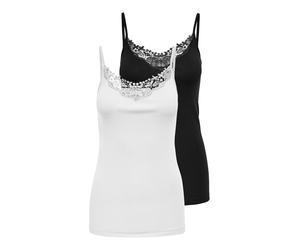 Longtop ONLY "ONLLULU LACE SINGLET 2PACK CS JRS", Damen, Gr. M, schwarz pack:weiß, Jersey, Obermaterial: 100% Baumwolle, unifarben, hüftlang, V-Ausschnitt, Tops (61352219-M) schwarz pack:weiß
