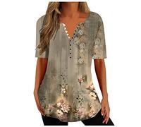 Longtops Damen Retro Blumendruck Bluse Mode Knöpfe V-Ausschnitt Longbluse Locker Oberteile Blusenshirt Kurzarm Tshirt Sommer Tops Pullover Shirt Bequeme Blusen Lange T-Shirt Tunika Hemdbluse
