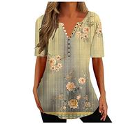 Longtops Damen Vintage Blumendruck Bluse Mode Knöpfe V-Ausschnitt Longbluse Locker Oberteile Blusenshirt Kurzarm Tshirt Sommer Tops Pullover Shirt Bequeme Blusen Lange T-Shirt Tunika Hemdbluse 3XL