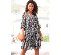 Longtunika VIVANCE "mit Volant am Saum, lockeres Blusenkleid im Boho-Style, langarm", Damen, Gr. 50, marine, beige, Web, Obermaterial: 100% Viskose, bedruckt, figurumspielend kniefrei, V-Ausschnitt, e