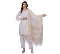 LONIX Damen Weiß Chikankari Kurta Set - Handbestickte Baumwolle Kurti Hose & Dupatta - Traditionelles indisches Tunika-Kleid, Weiss/opulenter Garten, XXX-Large