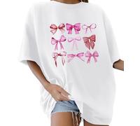 Lonya T Shirt Damen Oversized Rundhals Kurzarm Rosa Schleife Muster Gedruckt Niedliche Sommer Bluse Baumwolle Oberteile Tops Y2k Einfarbig Casual Lockere Basic Tee Shirt, A-Weiß, XL