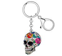 LONYOO Acryl Rose Blume Totenkopf Schlüsselanhänger Halloween Zubehör Gruselige Zuckerschädel Geschenke für Damen Mädchen Tasche Geldbörse Schlüsselring Charms (Grau)